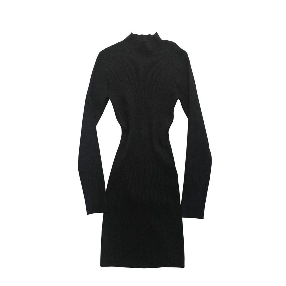 Minimalist Black Ribbed Mock Neck Dress Long Sleeve Mini Bodycon Size 8